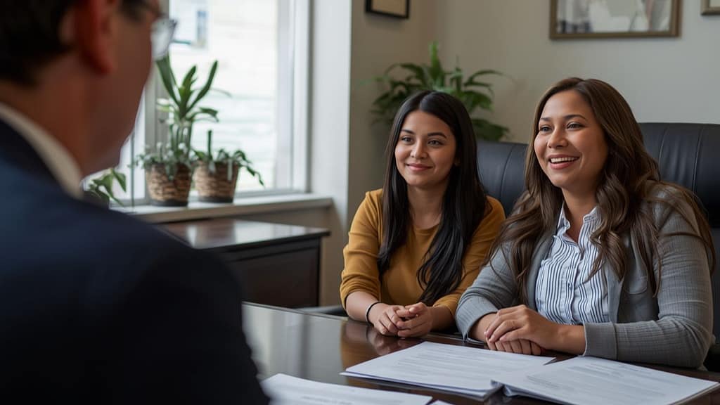 Familia hispana consultando con una abogada de inmigración gratis en Florida