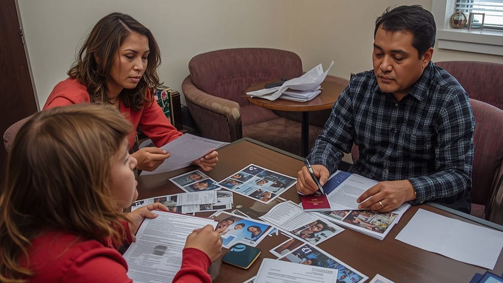 Familia hispana en Florida revisando documentos para pedir asilo con apoyo legal