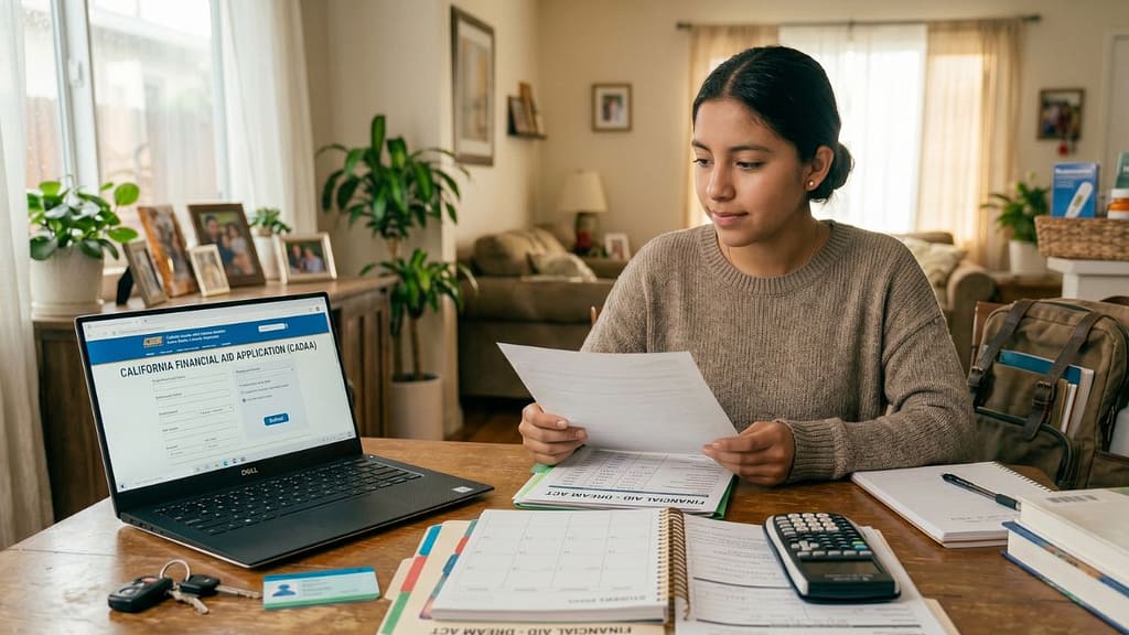 Estudiante hispano revisando ayuda financiera del California Dream Act