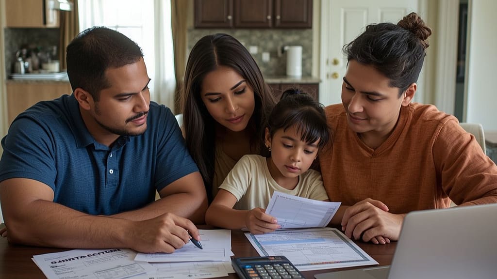 Familia hispana en Florida revisando documentos para comprar casa con ITIN