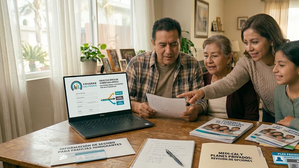 Familia hispana revisando opciones de Covered California para inmigrantes