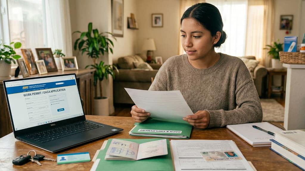 Joven hispano revisando documentos de DACA en California