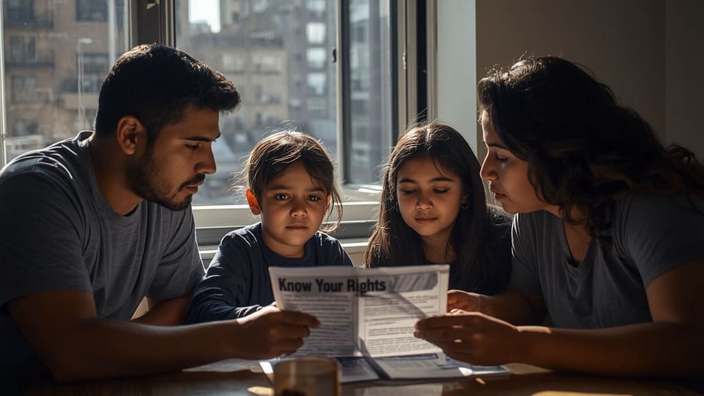 Familia hispana en Nueva York revisando una guía de derechos ante ICE