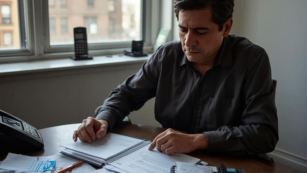 Inquilino hispano revisando aviso de desalojo y documentos de renta en Nueva York