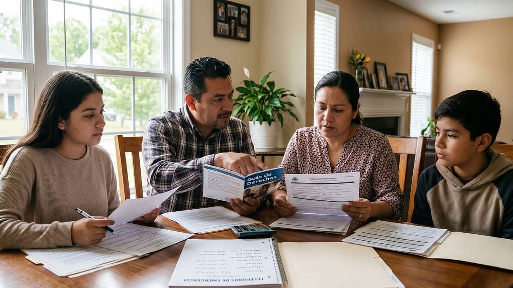 Familia hispana en Carolina del Norte revisando una guía de derechos sobre HB 10 e ICE