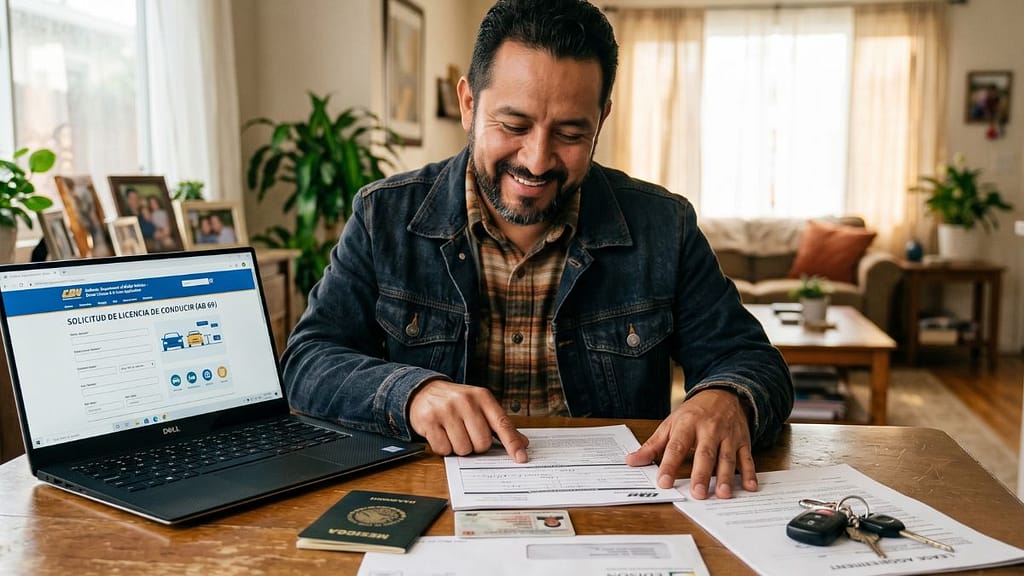 Persona hispana revisando documentos para solicitar la licencia AB 60 en California