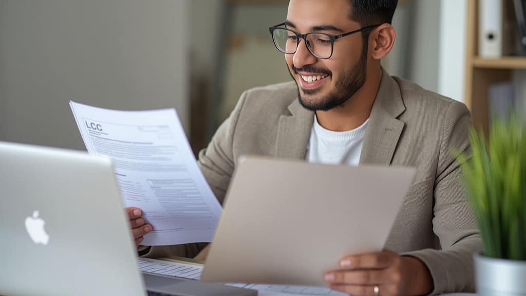 Emprendedor hispano registrando un negocio en Florida con documentos de LLC e ITIN