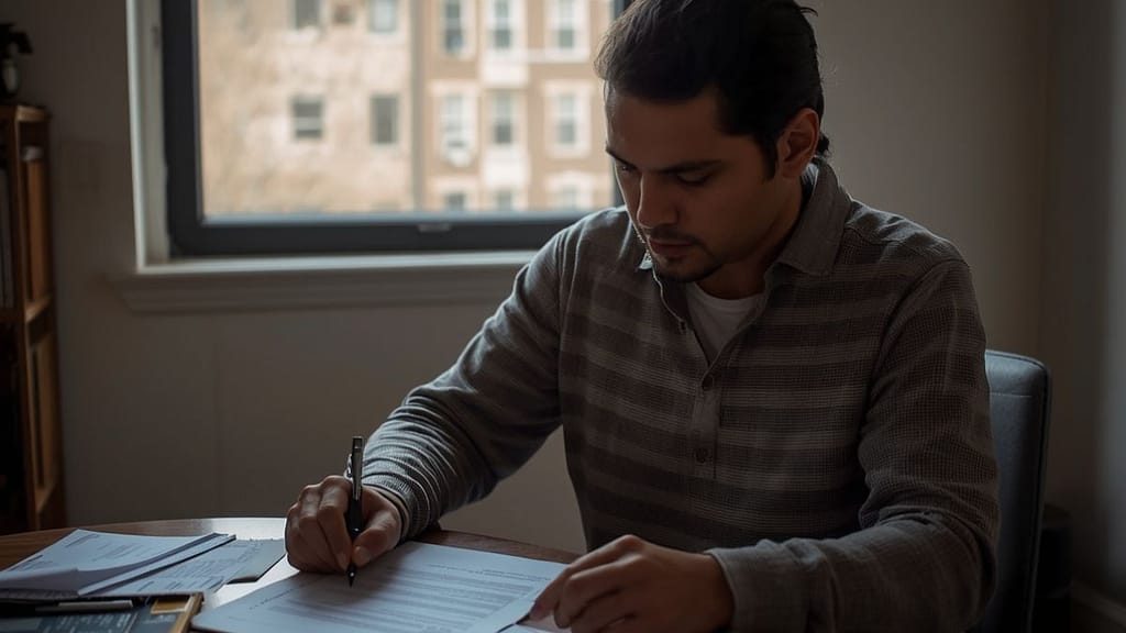 Inquilino hispano revisando documentos de renta estabilizada en Nueva York
