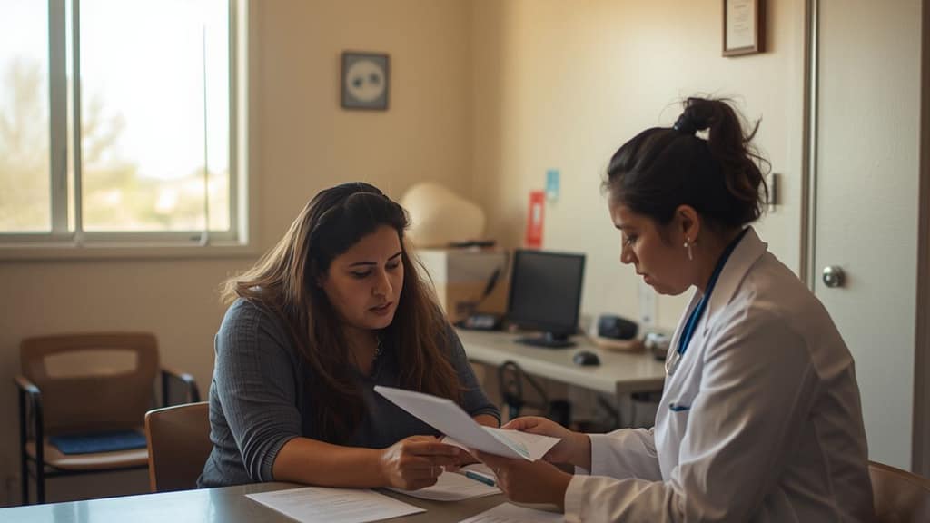 Familia hispana buscando atención médica de bajo costo en Arizona