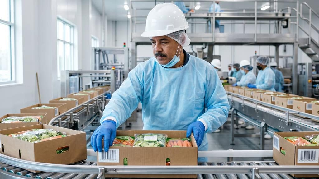 Trabajador hispano en procesadora de alimentos en North Carolina usando equipo de seguridad