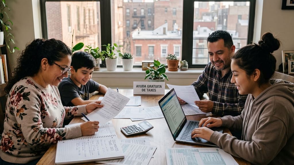 Familia hispana preparando taxes gratis con documentos W-2 e ITIN en Nueva York