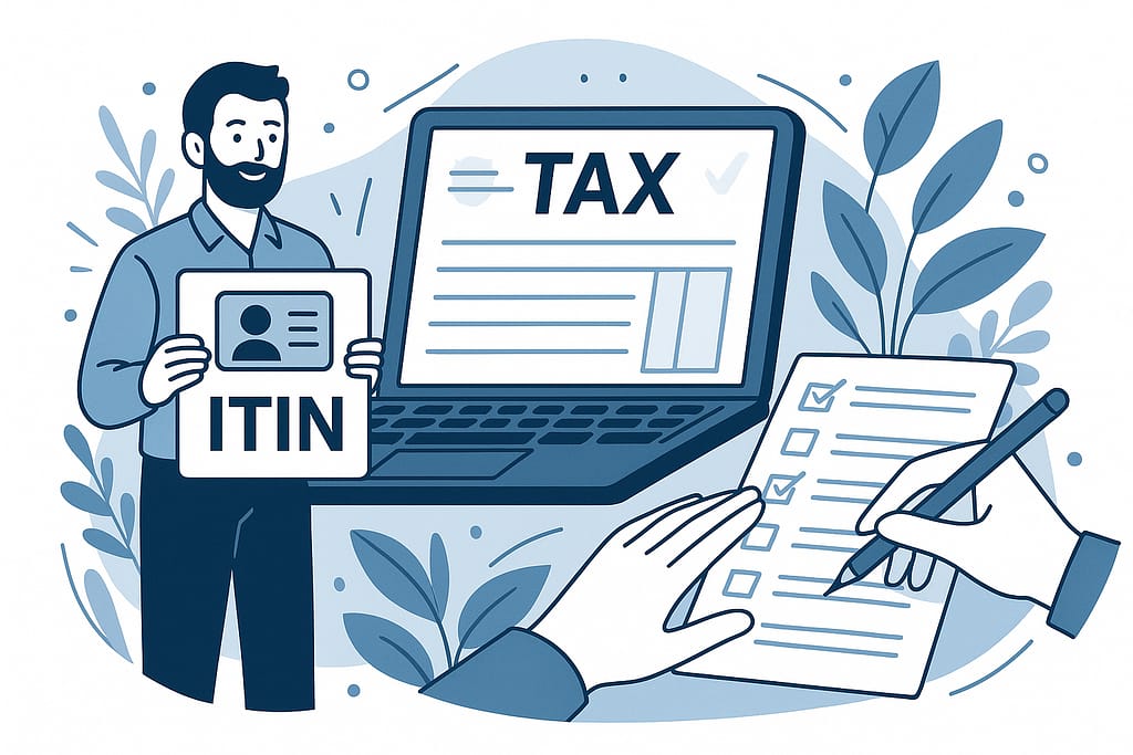 Ilustración ITIN para hispanos: tarjeta ITIN, formulario de impuestos y laptop en estilo azul y gris.