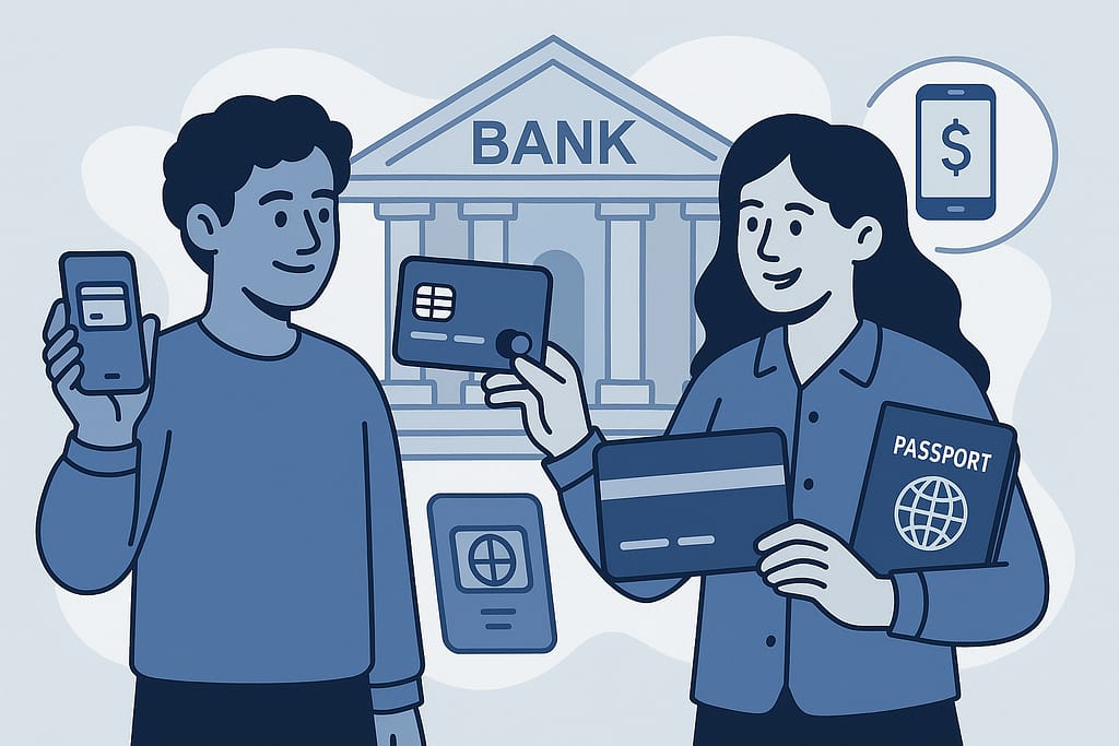 Ilustración en tonos azul y gris de dos personas hispanas abriendo una cuenta bancaria en Estados Unidos, mostrando tarjetas, pasaporte y un teléfono móvil frente a un edificio de banco.