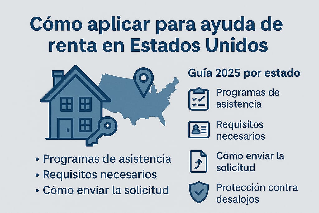 Infografía en tonos azul y gris con iconos de vivienda, mapa de Estados Unidos y lista de pasos para aplicar a programas de ayuda de renta en EE.UU. en 2025.