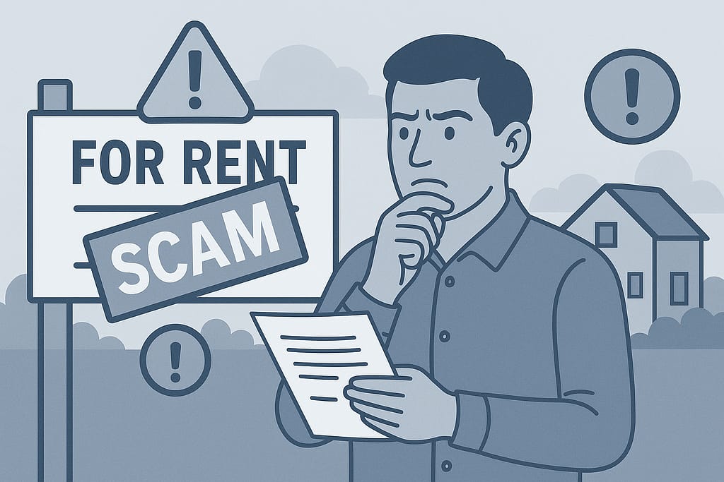 Ilustración en tonos azul y gris de un hispano revisando documentos frente a un anuncio de renta fraudulento con la palabra 'scam', representando estafas al rentar vivienda en Estados Unidos.