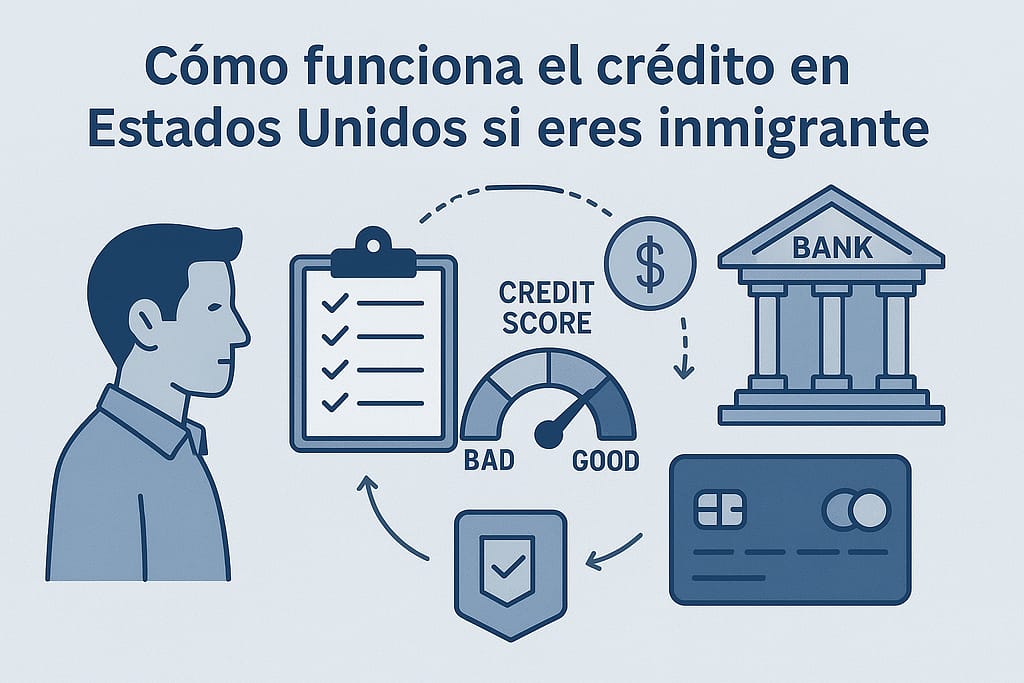 Infografía azul y gris que muestra cómo funciona el crédito en Estados Unidos para inmigrantes, con iconos de puntaje crediticio, banco, tarjeta de crédito, lista de verificación y elementos financieros.
