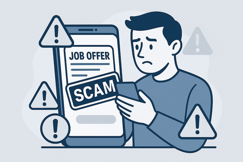Ilustración en tonos azul y gris de un hombre hispano revisando una oferta de trabajo falsa en su celular, con un sello de 'scam' y varios iconos de advertencia alrededor.