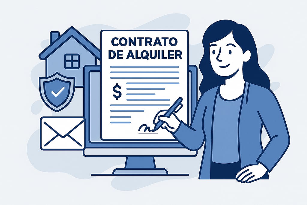 Ilustración en tonos azul y gris de una mujer firmando un contrato de alquiler en Estados Unidos, con iconos de casa, seguridad y documentos