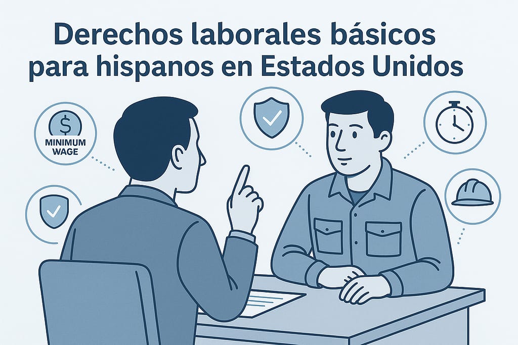 Ilustración en tonos azul y gris de un trabajador hispano recibiendo orientación sobre sus derechos laborales en Estados Unidos, con iconos de salario mínimo, seguridad, horas extra y protección laboral alrededor.