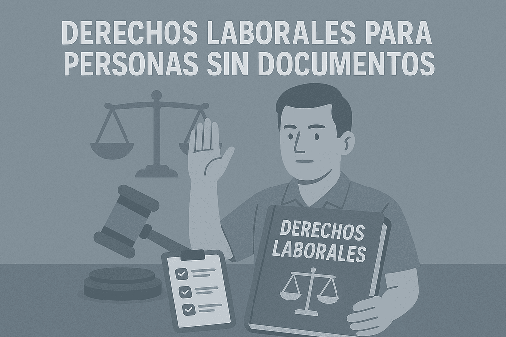 Ilustración minimalista en azul y gris sobre los derechos laborales para personas sin documentos en Estados Unidos.