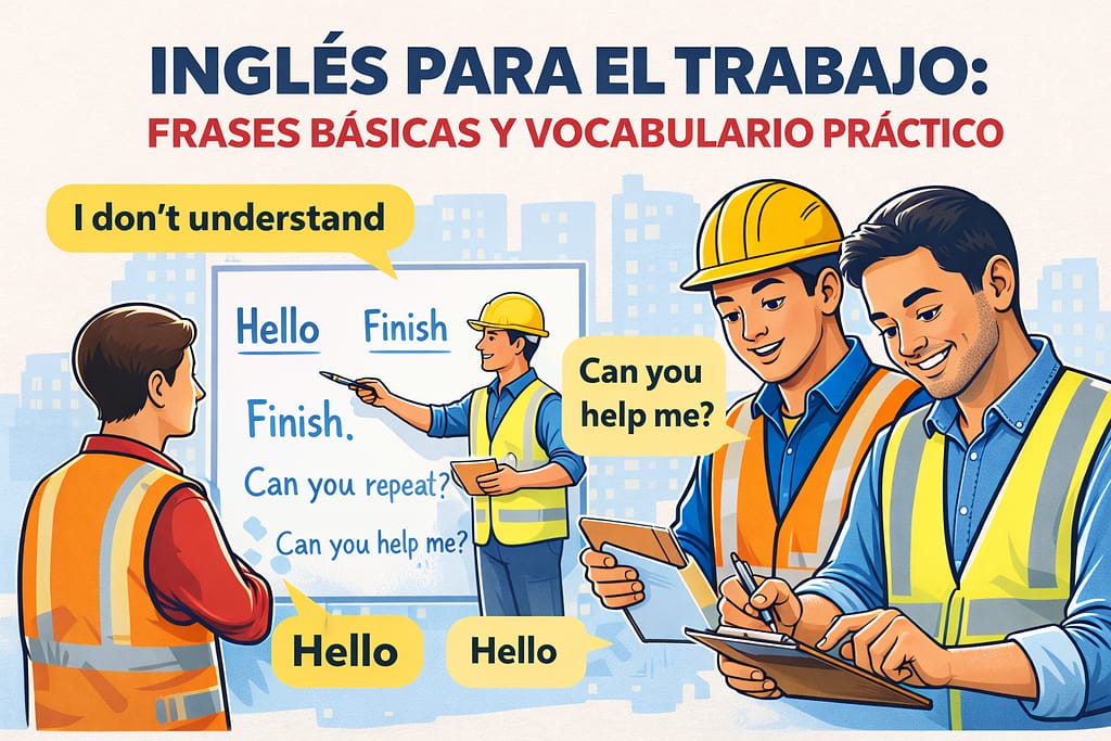 Trabajadores hispanos aprendiendo inglés básico para el trabajo en Estados Unidos con frases prácticas