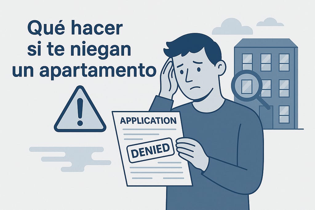 Ilustración en tonos azul y gris de un hombre preocupado sosteniendo una aplicación de renta marcada como “Denied”, junto a un edificio y un ícono de advertencia, representando qué hacer si te niegan un apartamento en Estados Unidos.