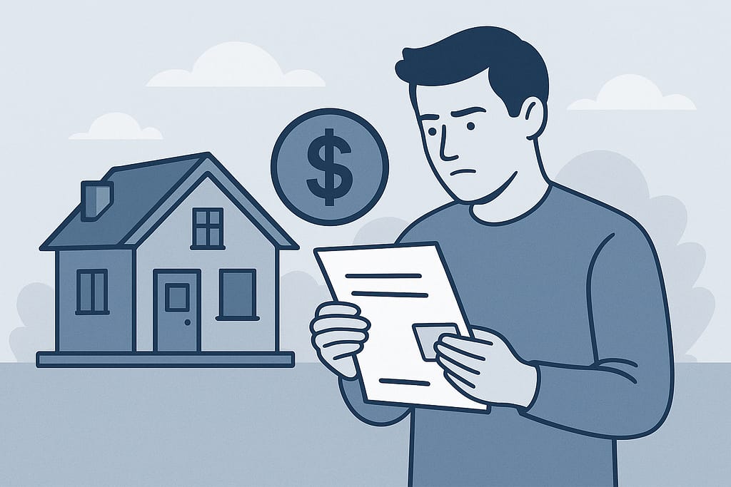 Ilustración en tonos azul y gris de un inquilino hispano revisando un documento frente a una casa y un símbolo de dinero, representando el proceso de recuperar el depósito de renta en Estados Unidos.