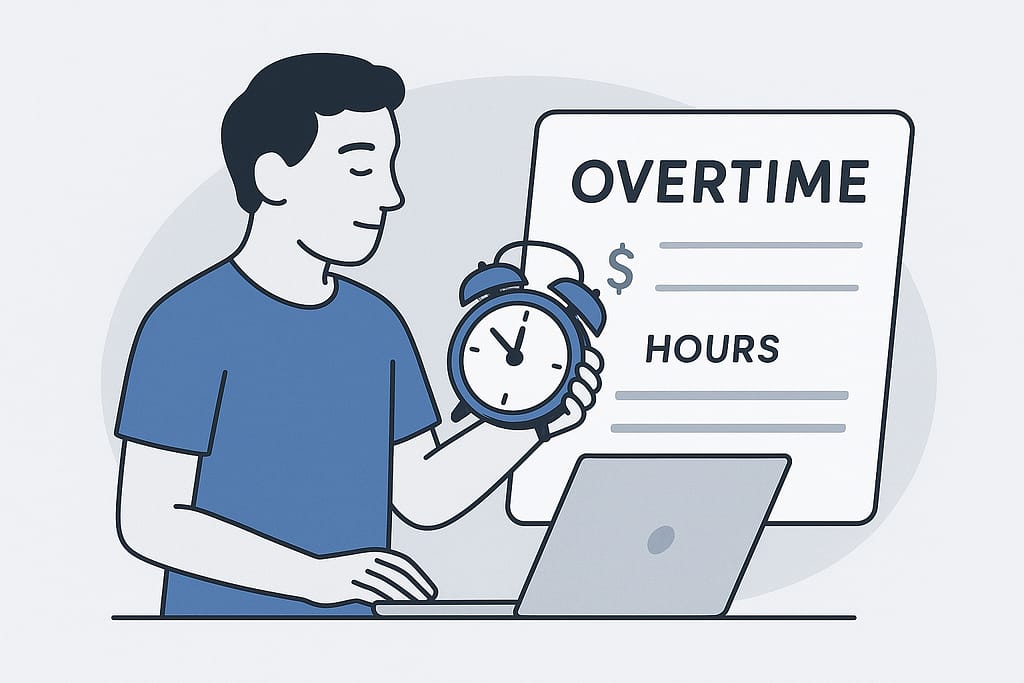 lustración minimalista en tonos azul y gris de un trabajador hispano revisando un reloj y una hoja con la palabra ‘Overtime’, representando el cálculo de horas extra y pago adicional en Estados Unidos.