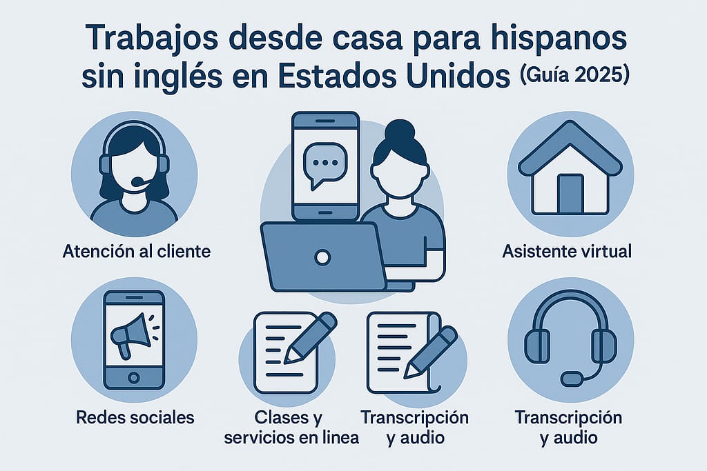 Infografía en tonos azul y gris que muestra iconos de atención al cliente, asistente virtual, redes sociales, clases en línea y transcripción, representando trabajos desde casa para hispanos sin inglés en Estados Unidos.