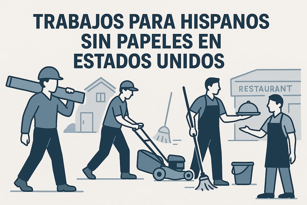 Ilustración en tonos azul y gris que muestra a trabajadores hispanos realizando empleos comunes para personas sin papeles en Estados Unidos, incluyendo construcción, jardinería, limpieza y restaurantes.