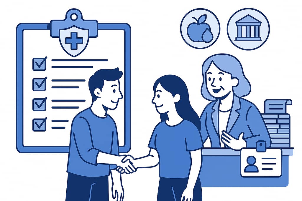 Ilustración azul y gris de una familia hispana recibiendo ayuda social en Estados Unidos, con trabajador social y documentos de asistencia