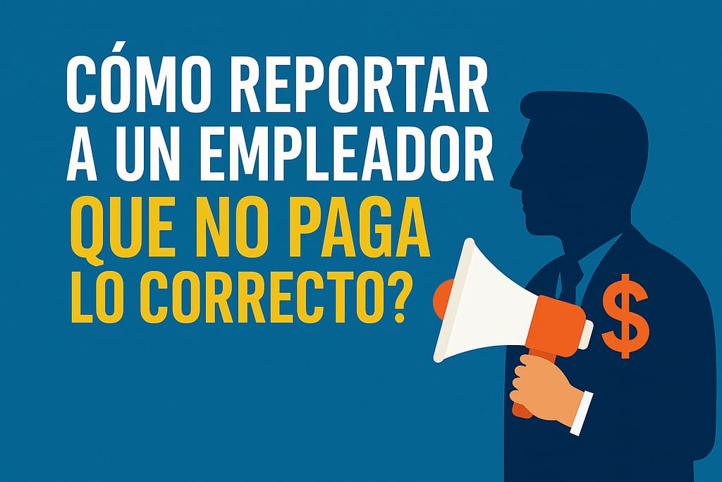 Imagen tipo banner en español con el texto “Cómo reportar a un empleador que no paga lo correcto”, acompañada de la silueta de un trabajador con un megáfono, representando la denuncia de violaciones laborales.