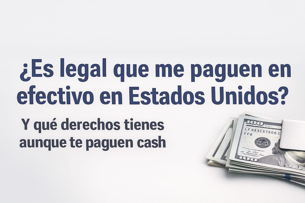 Imagen tipo banner en español con la frase “¿Es legal que me paguen en efectivo en Estados Unidos?” acompañada de billetes de dólares, usada como imagen destacada del artículo sobre pagos en efectivo y derechos laborales.