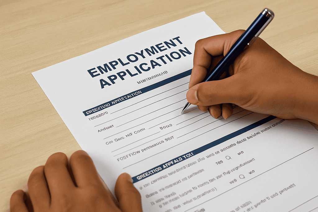 Manos de una persona hispana llenando una aplicación de empleo en papel con bolígrafo