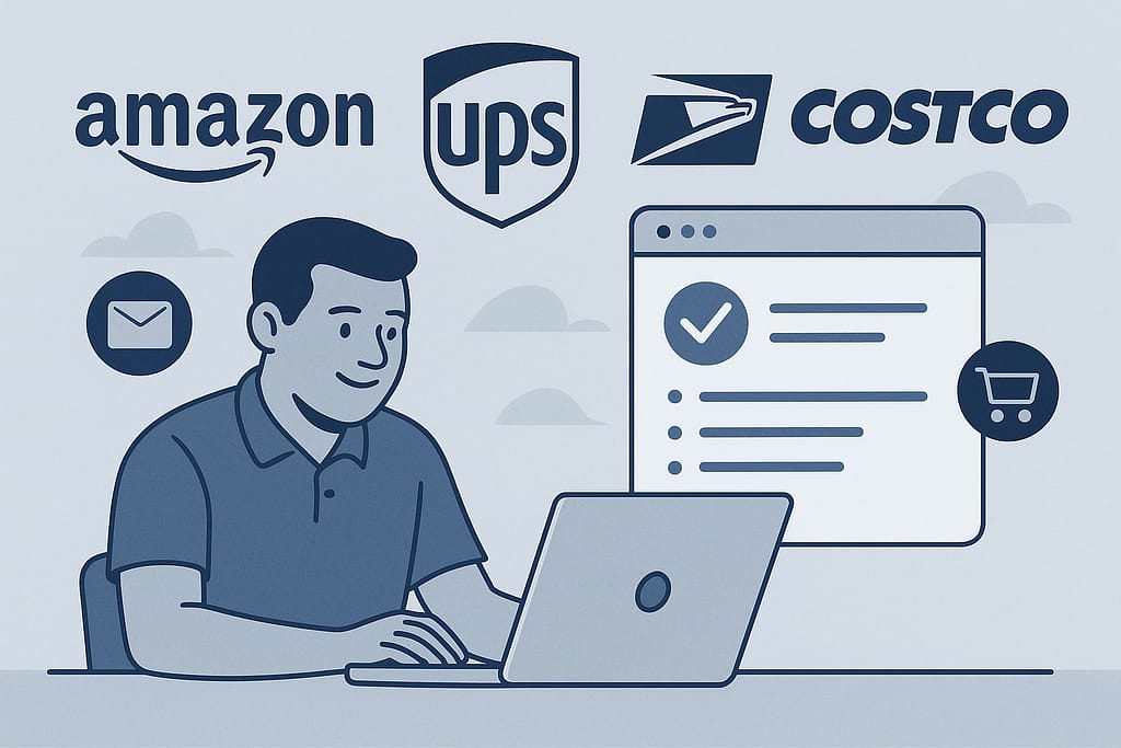 Ilustración en tonos azul y gris de un hispano aplicando a trabajos en Amazon, UPS, USPS y Costco desde su laptop, con iconos de envío y compras alrededor.