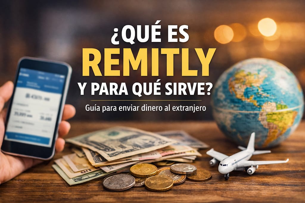 Persona usando un celular para enviar dinero al extranjero, con billetes, monedas y un globo terráqueo sobre una mesa