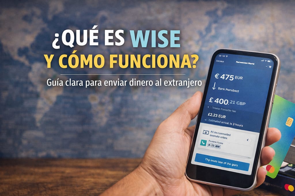 Persona usando un celular para enviar dinero al extranjero con una aplicación financiera y mapa mundial de fondo