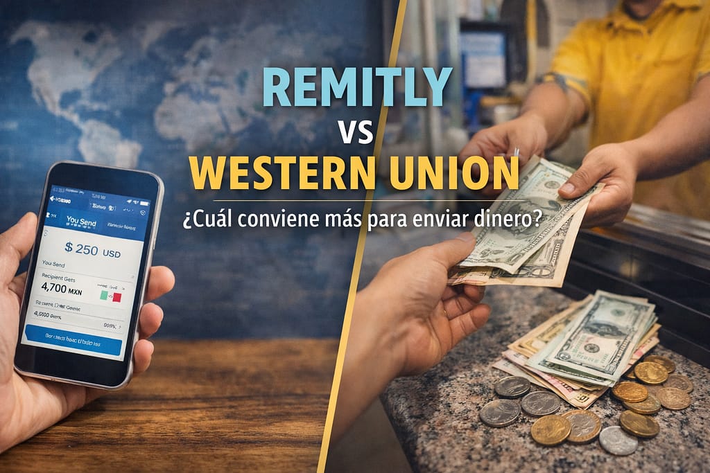 Comparación entre envío de dinero por aplicación móvil y retiro en efectivo en mostrador, representando Remitly vs Western Union