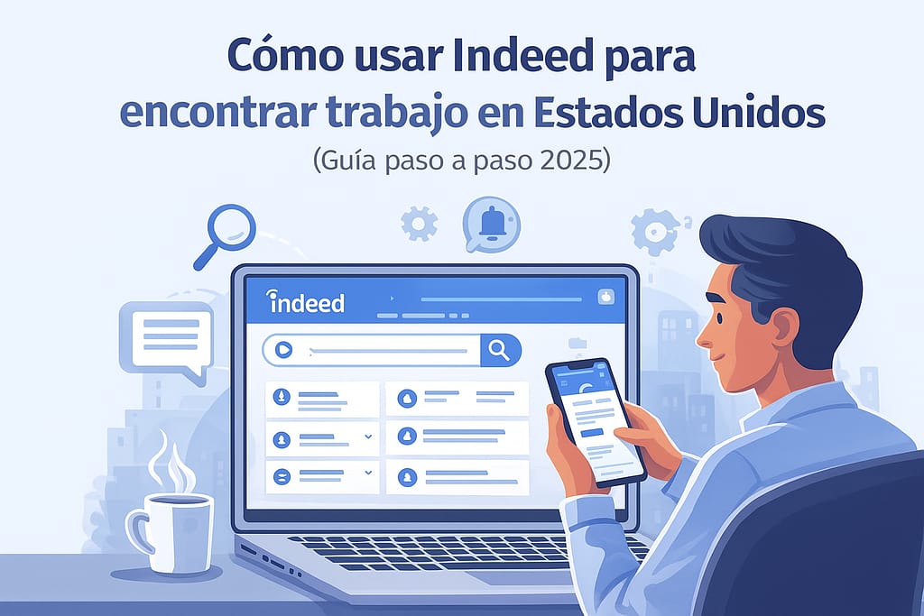 Ilustración en tonos azul y gris de un hombre hispano buscando empleo en Indeed desde su celular y laptop, con iconos de búsqueda, filtros y notificaciones que representan cómo usar Indeed para encontrar trabajo en Estados Unidos