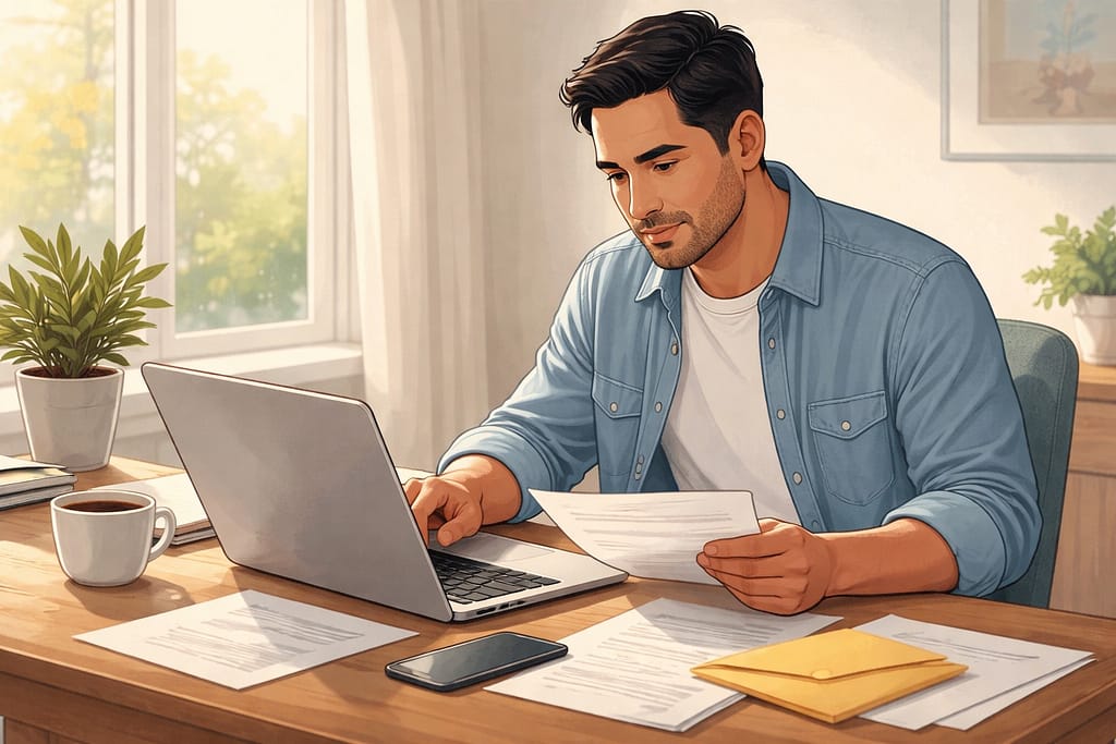 Persona hispana revisando documentos fiscales y computadora para obtener el transcript del IRS