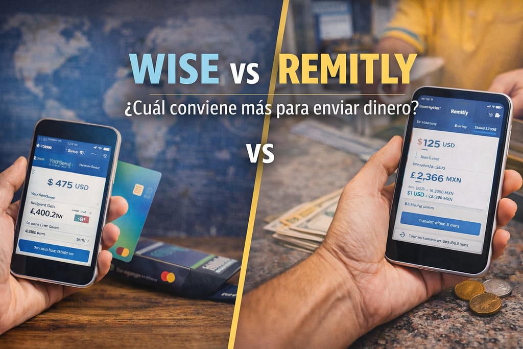 Comparación entre envío de dinero por aplicación móvil y transferencia bancaria internacional, representando Wise vs Remitly