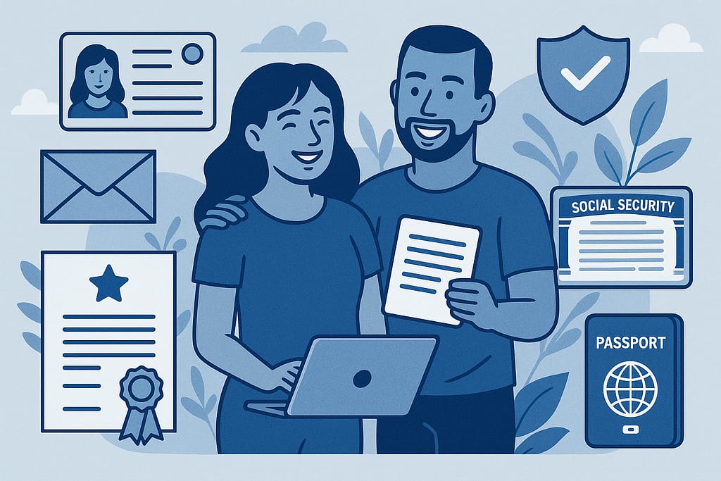 Ilustración en tonos azul y gris de una pareja hispana revisando documentos esenciales de Estados Unidos, como pasaporte, Social Security, identificación y formularios oficiales.