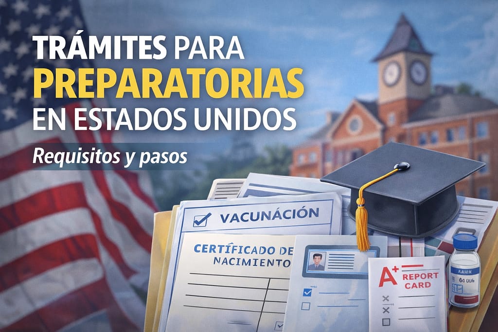 Documentos y requisitos para inscribir a un estudiante en una preparatoria en Estados Unidos, con escuela y bandera estadounidense de fondo