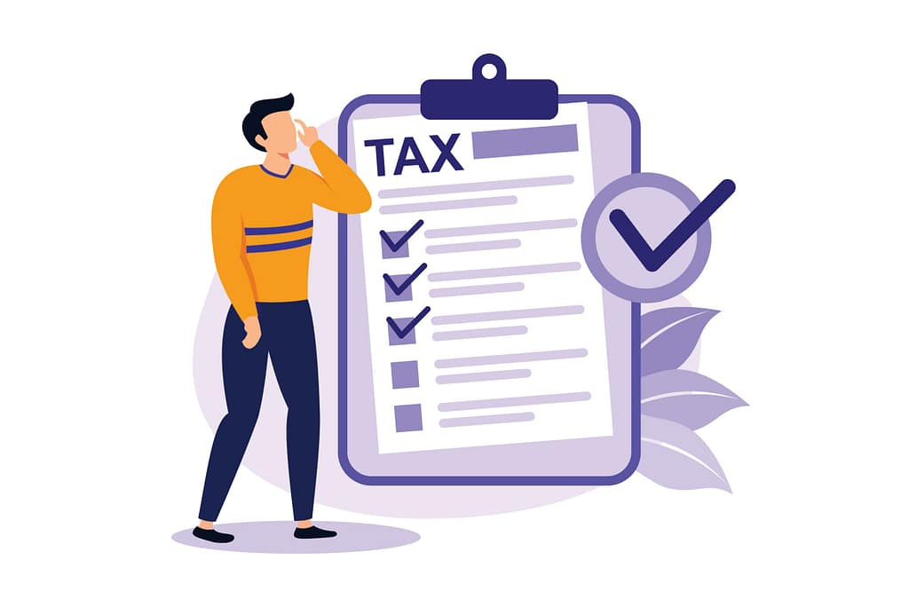 Ilustración minimalista en tonos azul y gris que muestra a un hombre hispano preocupado revisando documentos y formularios relacionados con impuestos del IRS, representando la situación de personas que nunca han declarado taxes en Estados Unidos.