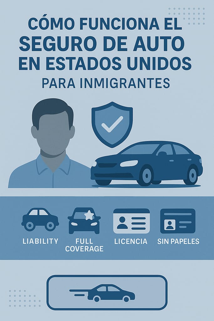 Infografía en tonos azul y gris que muestra un auto, un escudo de protección, un ícono de persona y gráficos sobre liability, full coverage, licencia y opciones para inmigrantes sin papeles, representando cómo funciona el seguro de auto en Estados Unidos.