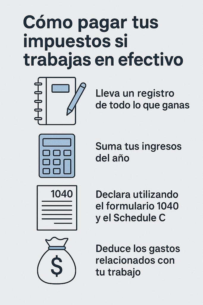 Infografía en tonos azul y gris con iconos de libreta, calculadora, formulario 1040 y bolsa de dinero, explicando los pasos para pagar impuestos si trabajas en efectivo en Estados Unidos.