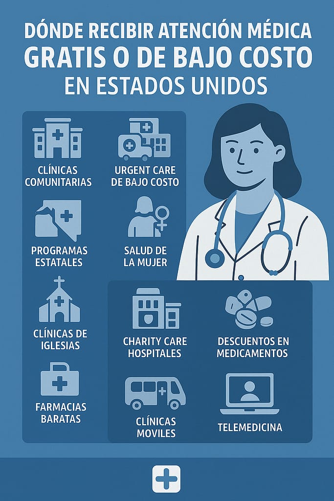 Infografía en tonos azul y gris que muestra una doctora y diez íconos médicos representando opciones de atención gratuita o de bajo costo en Estados Unidos, como clínicas comunitarias, urgent care económico, programas estatales, charity care, clínicas móviles y telemedicina.