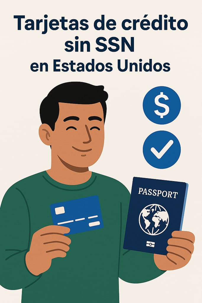 Hispano sosteniendo una tarjeta de crédito junto a un pasaporte, con iconos de dólar y aprobación, representando tarjetas de crédito sin SSN en Estados Unidos.