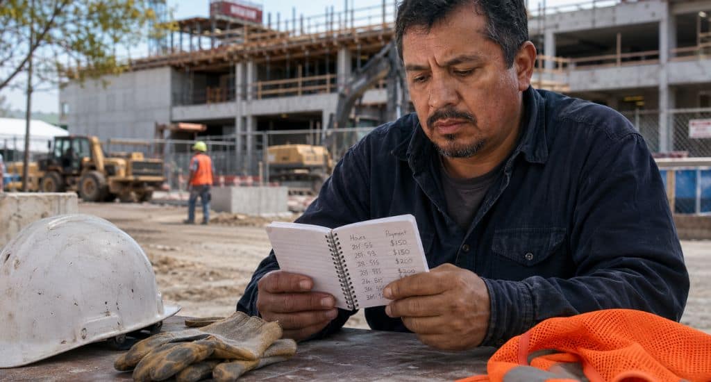 Trabajador hispano de construcción en Texas revisando horas trabajadas, pagos y equipo de seguridad en una obra.