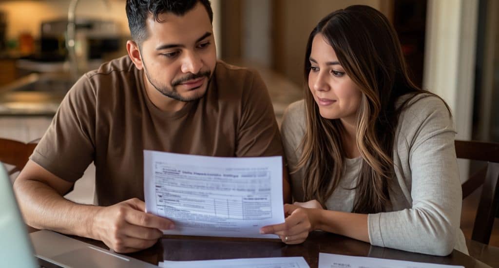 Familia hispana en Texas revisando documentos de taxes y formularios W-2 para preparar su declaración gratis con ayuda VITA.